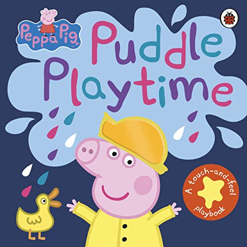 Peppa Pig and a yellow duckling in a rainy, colorful scene.