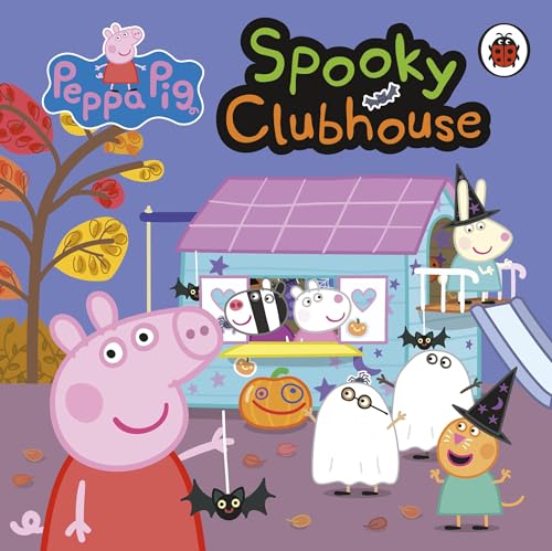 Peppa Pig and friends in Halloween costumes outside a clubhouse.