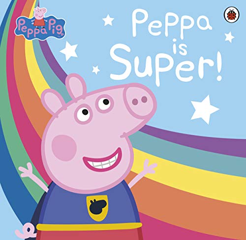 Peppa Pig smiling, wearing a blue superhero costume, with a rainbow.