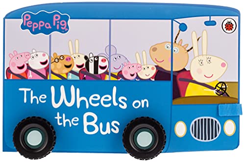 Blue bus shaped book cover with Peppa Pig and friends inside.