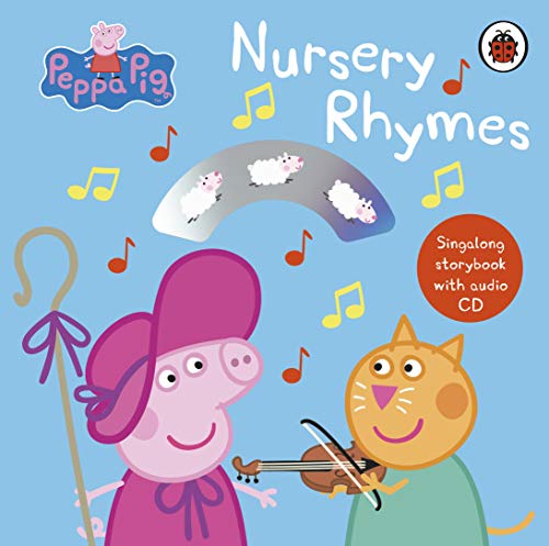 "Peppa Pig and cat sing nursery rhymes together on a light blue book cover."