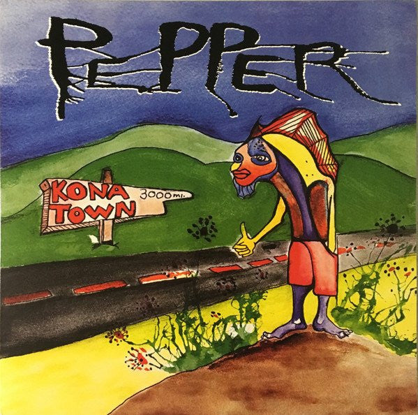 Album cover: painted figure beside a road sign reading “Kona Town.”