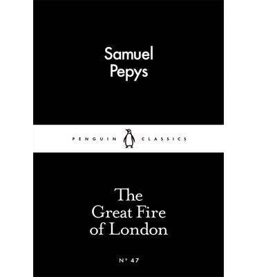 Black book cover with white text, featuring "Samuel Pepys" and "The Great Fire of London".