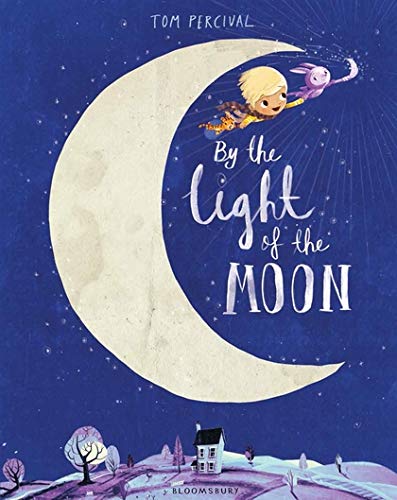 Book cover: child and animal fly before a large crescent moon.