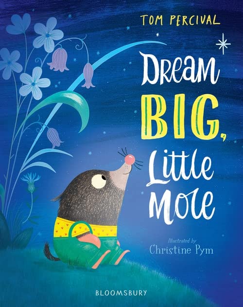 A mole in green overalls looks up at a starry night sky with blue flowers.