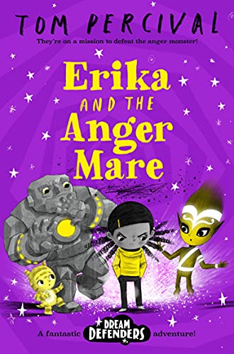 Book cover featuring a girl, a stone robot, and two small creatures on purple.