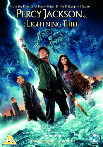 "DVD cover for 'Percy Jackson & The Lightning Thief' featuring three characters amidst a stormy scene."