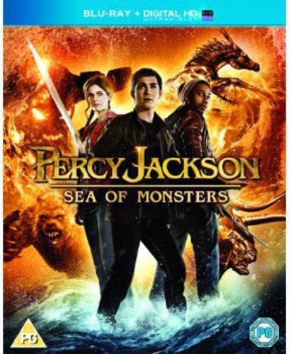 Percy Jackson: Sea of Monsters" Blu-ray cover with three young heroes and monsters.