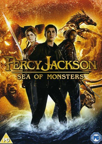 "DVD cover for 'Percy Jackson: Sea of Monsters' featuring three characters and mythical creatures."