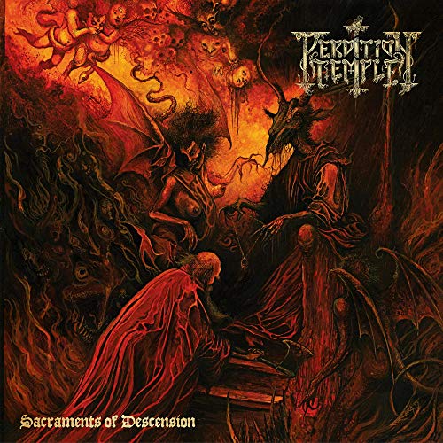 Dark fantasy album cover with demonic figures and fiery red tones.