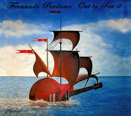 "Album cover featuring a red guitar ship sailing on blue water under a cloudy sky."