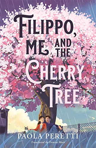 Book cover: two figures under a blossoming cherry tree in rain.