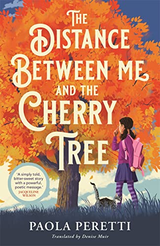 A girl with a pink backpack and a cat stand before a large orange tree.
