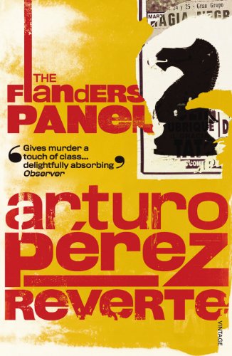 Book cover for The Flanders Panel featuring a black chess knight on yellow background.