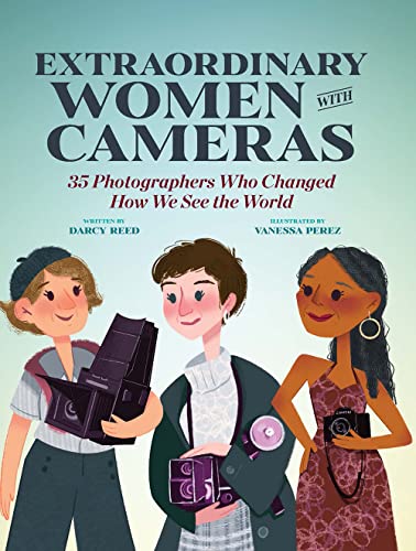 Book cover with illustrated portraits of three women and vintage cameras.