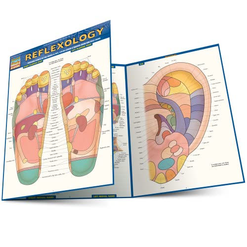 Anatomical diagrams of feet and ear for reflexology, in a reference guide book open.