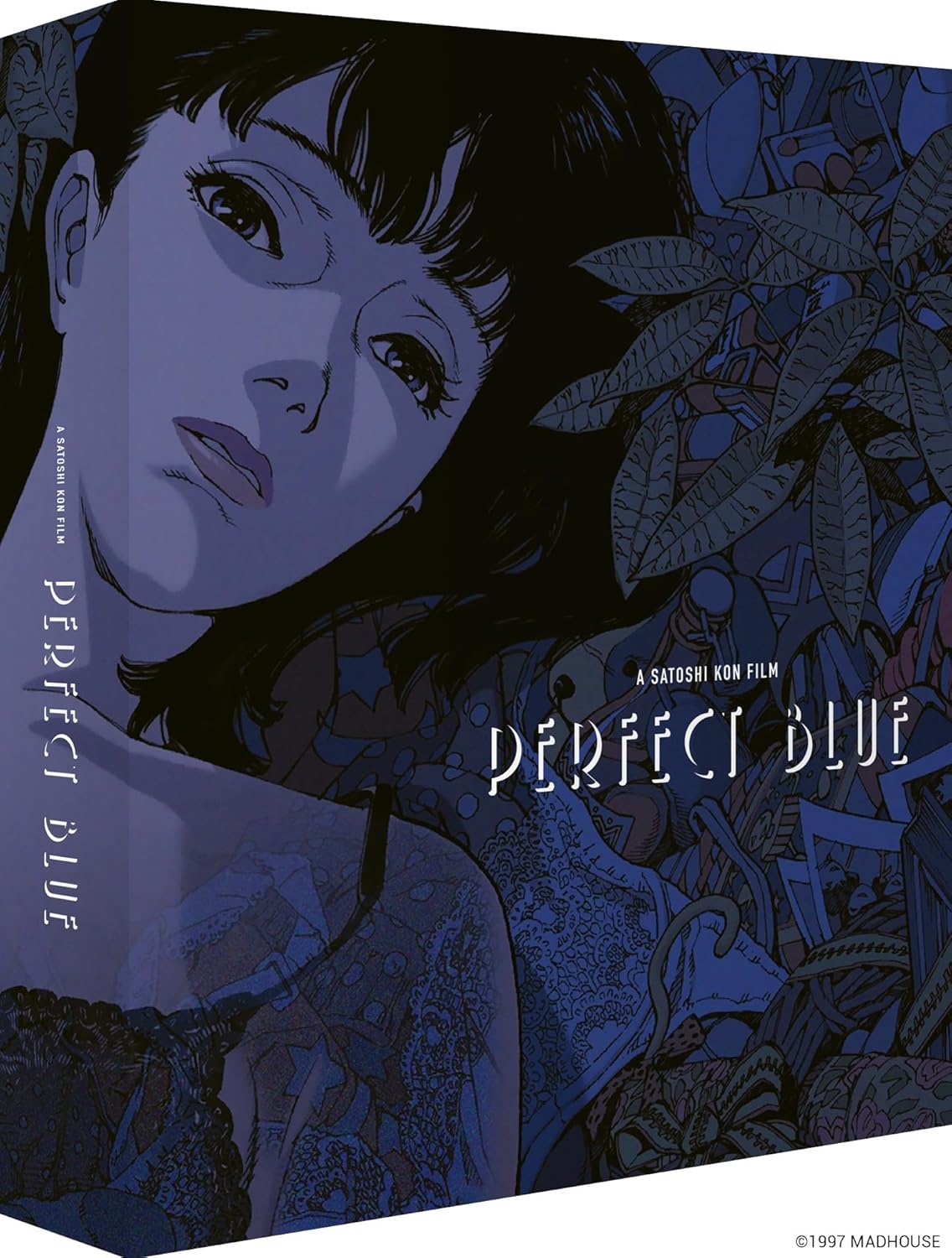 Anime-style illustration of a woman's face against a dark blue patterned background.