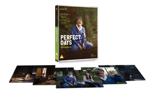 Blu-ray cover for "Perfect Days" featuring a man seated amongst trees.