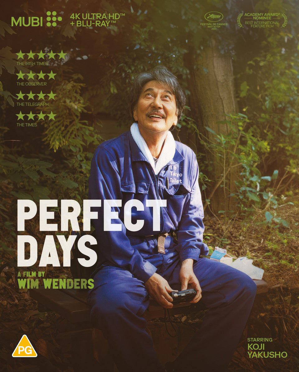 “Perfect Days” Blu-ray cover featuring a smiling man amidst greenery.