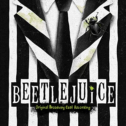 Beetlejuice CD cover with striped background, suit, and beetle graphic.
