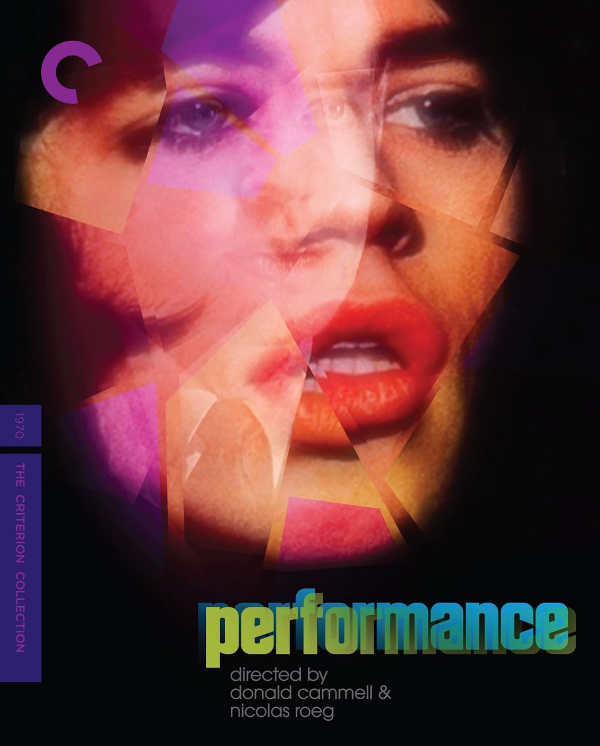 Blu-ray cover for the film "Performance" featuring a fragmented portrait.