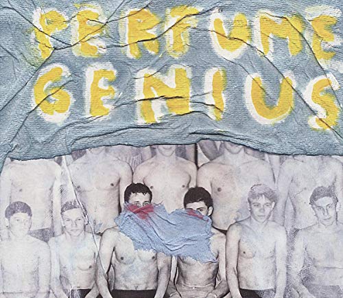 CD cover for Perfume Genius, featuring shirtless men and blue fabric.