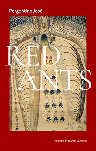 Book cover for "Red Ants" featuring stylized ants marching on gold background.