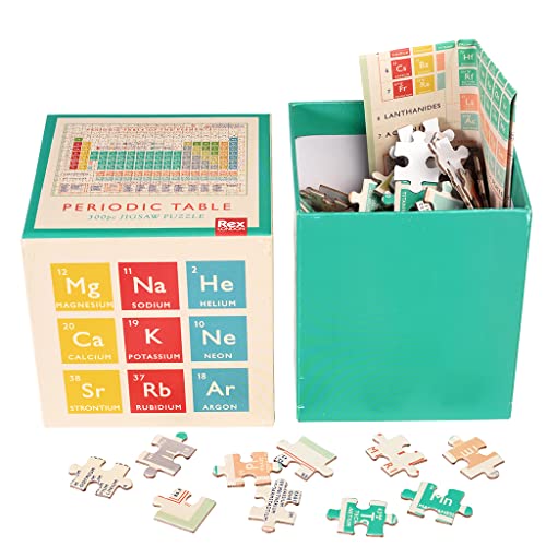 A periodic table jigsaw puzzle box with loose pieces scattered in front.