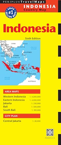 Bright yellow and blue Indonesia travel map, sixth edition, with area map details.