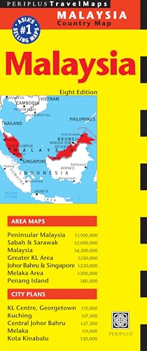 Yellow and black travel map of Malaysia, eighth edition, with area details.