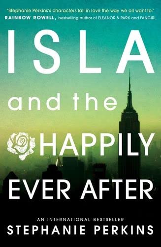 Book cover with large white text, a floral emblem, and a city skyline.