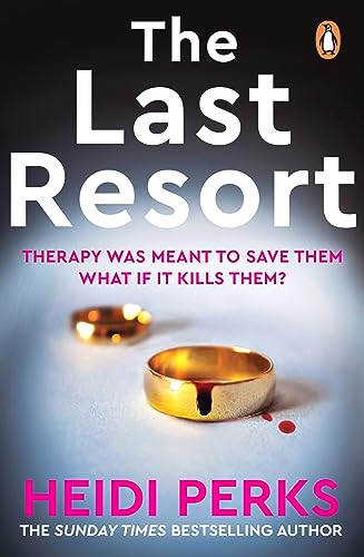 Book cover: “The Last Resort” by Heidi Perks, with wedding rings and red stain.