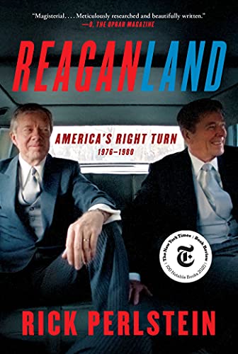 Book cover: "Reaganland" by Rick Perlstein, featuring Ronald Reagan in a car.