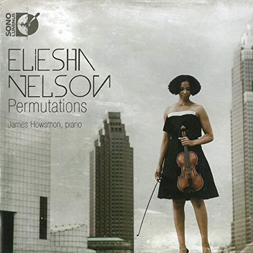 Woman in black dress holding a violin against a city skyline background.