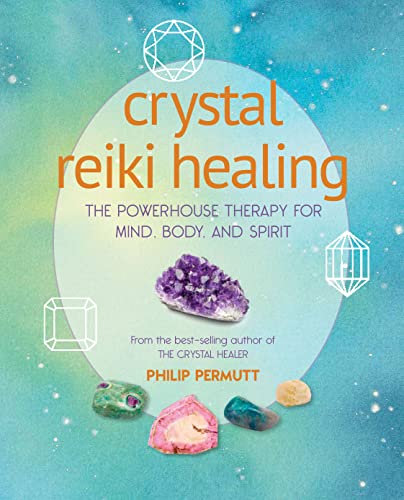 Book cover featuring crystals, geometric shapes, and title "Crystal Reiki Healing".