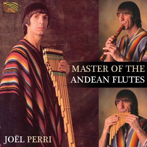 "CD cover featuring a man playing various Andean flutes, wearing a striped poncho."