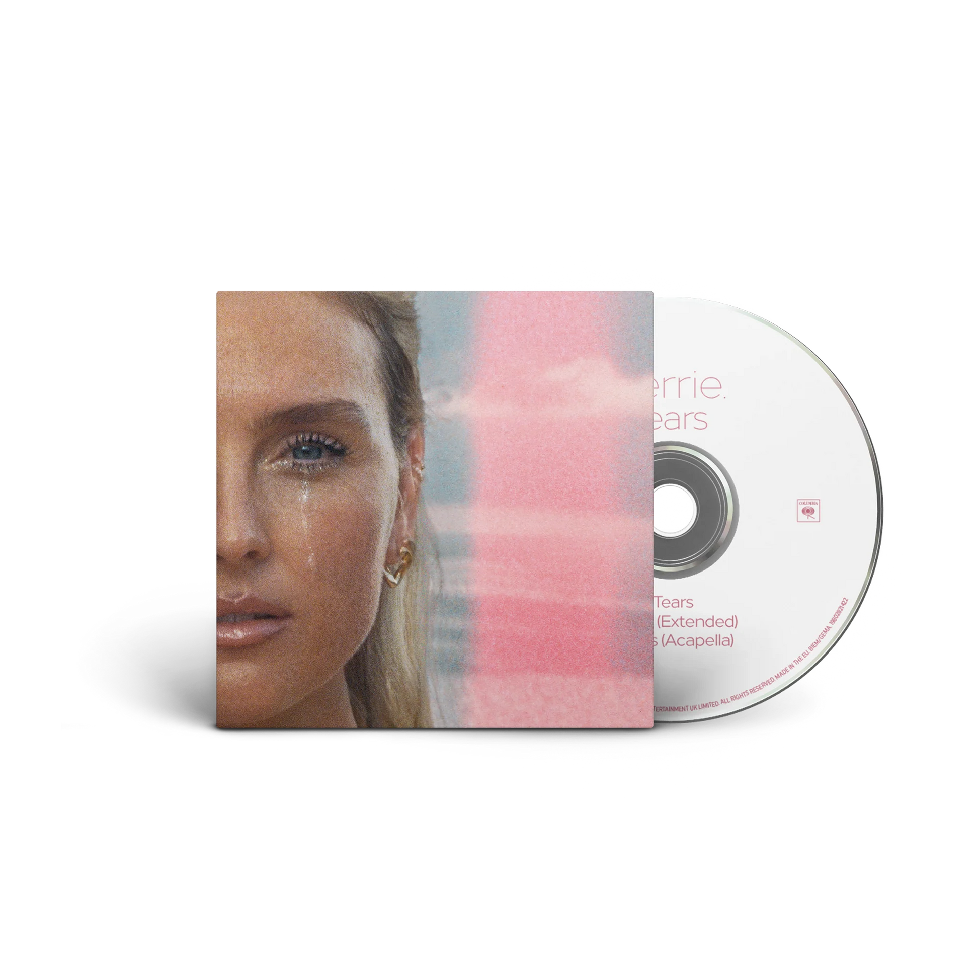CD case for Perrie’s “Tears” album, featuring a portrait with tearful eye.