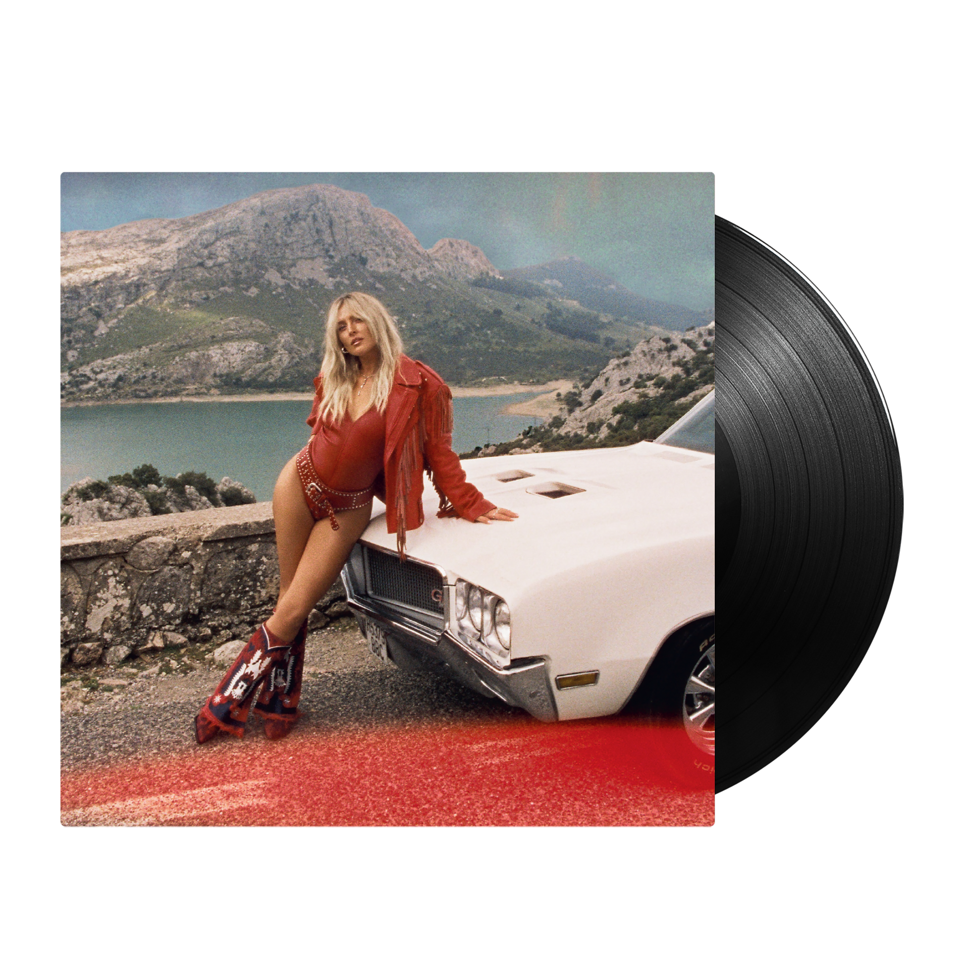 Perrie album cover with a woman and car, beside a black vinyl record.