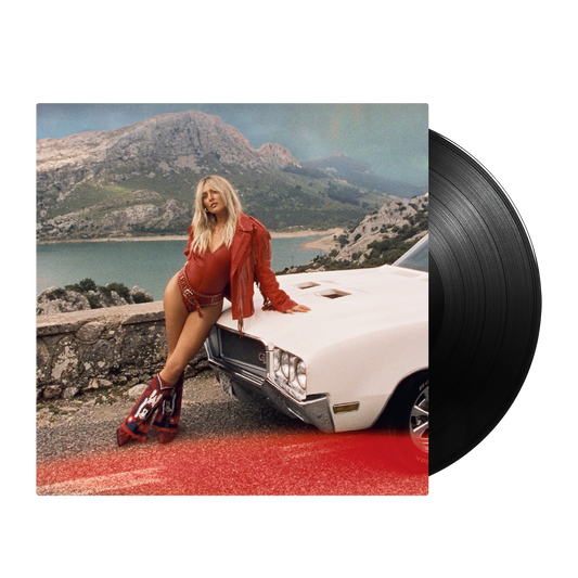 Perrie album cover with a woman and car, beside a black vinyl record.