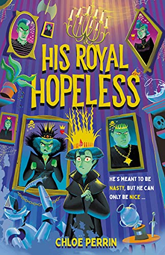 Book cover: cartoon prince with portraits, chandeliers, and magical objects.