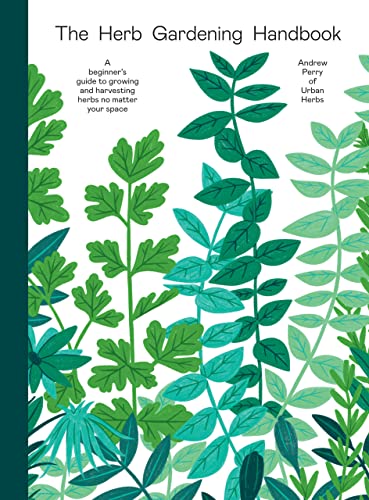 Book cover for The Herb Gardening Handbook featuring green illustrations of various herb plants.