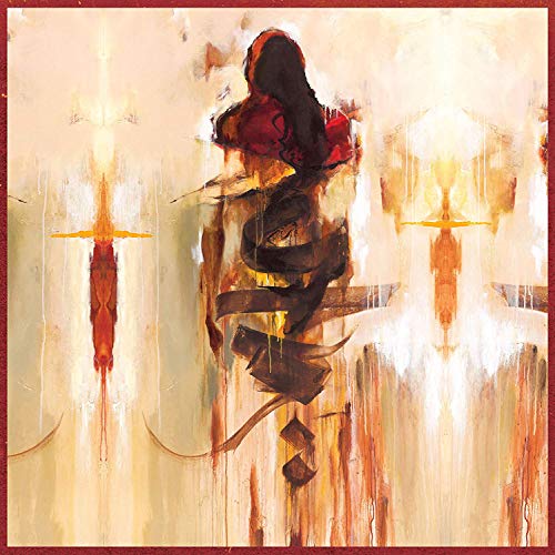 Abstract painting of red and gold shapes on a cream background.