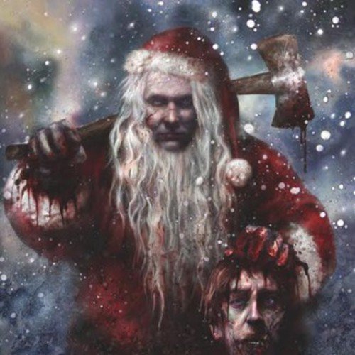 Bloody Santa Claus with an axe, horror movie cover art.