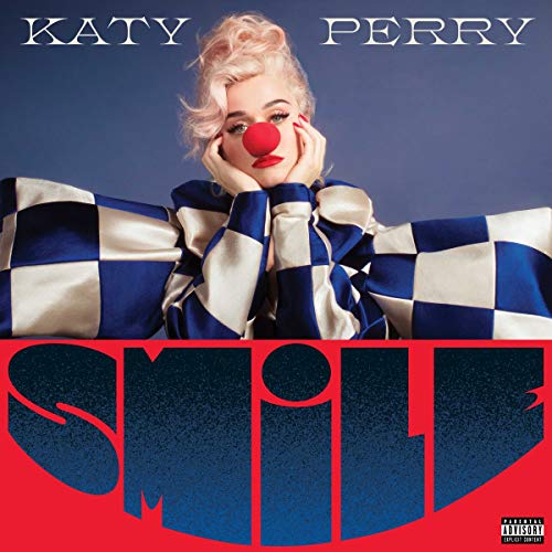 Katy Perry album cover, "Smile," featuring her as a clown in blue and white.