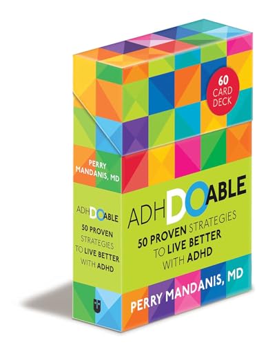 Colorful card deck for ADHD strategies, titled “ADHDoable” by Perry Mandanis.