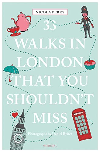 Book cover with title 33 Walks in London That You Shouldn't Miss and illustrations.