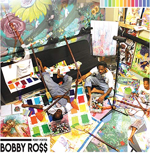 Three men amidst colorful paint and artwork in a studio setting.
