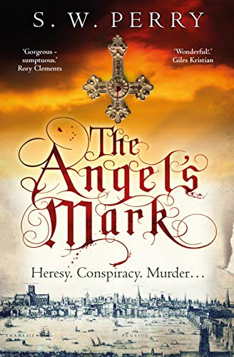 Book cover: ornate cross, title “The Angel’s Mark”, London skyline below.
