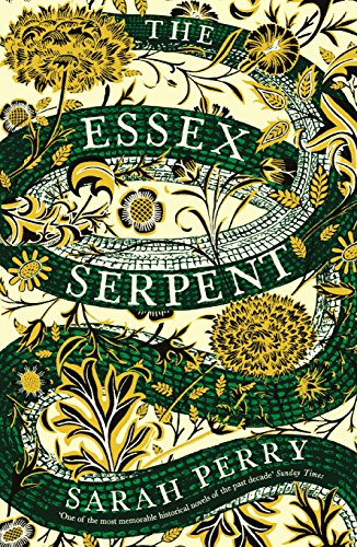 Book cover for The Essex Serpent featuring a green snake winding through yellow floral patterns.