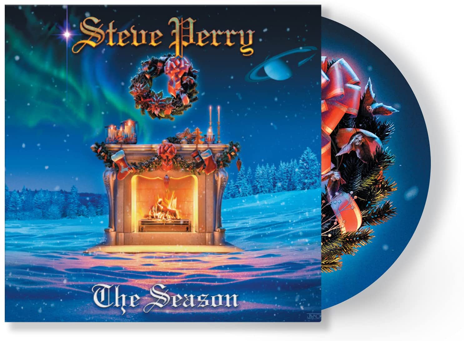 Christmas album cover with a fireplace surrounded by snow, a wreath, and stockings.